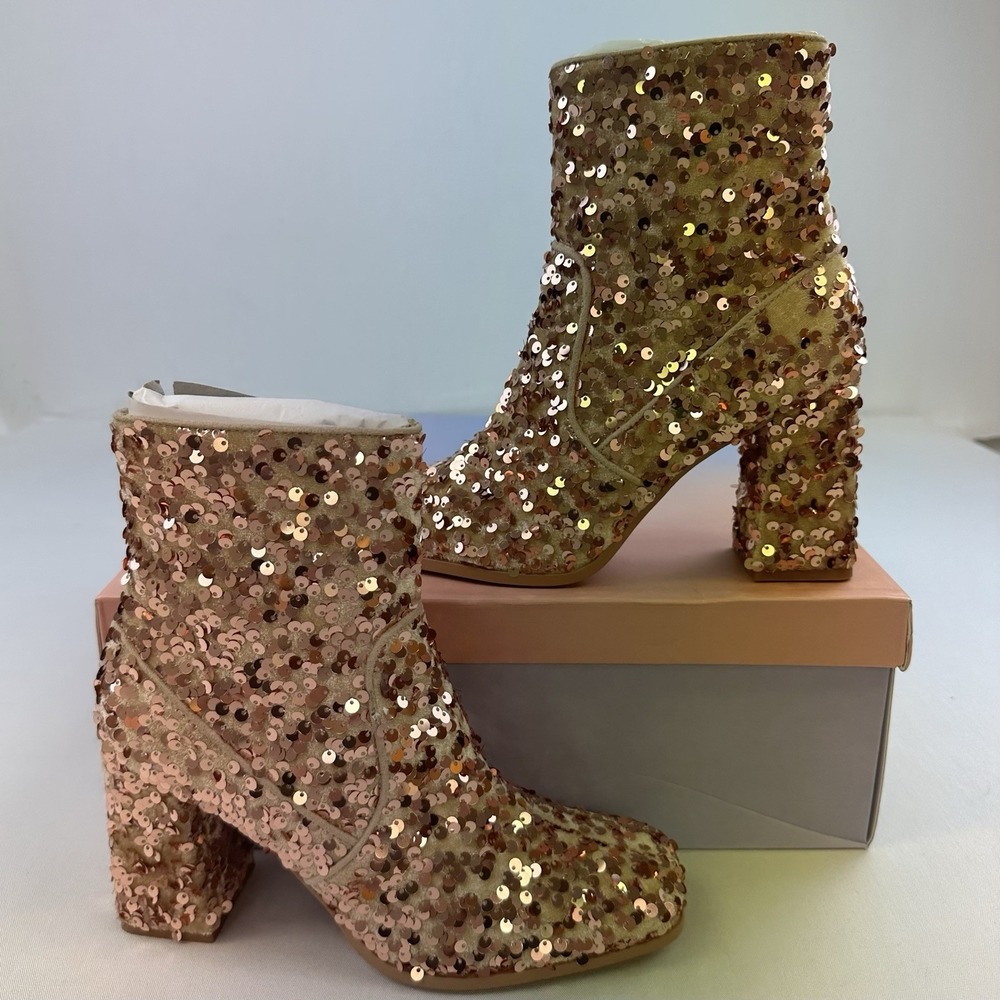 Lisa Vicky Women's Crazed Sequin Ankle Boots Size‎ 7 Pink Champagne Block Heel